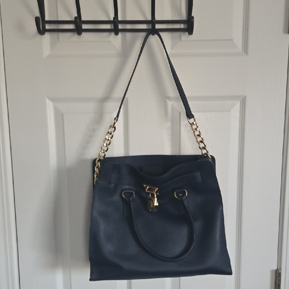 Michael Kors Navy Satchel with Gold Chain Detail